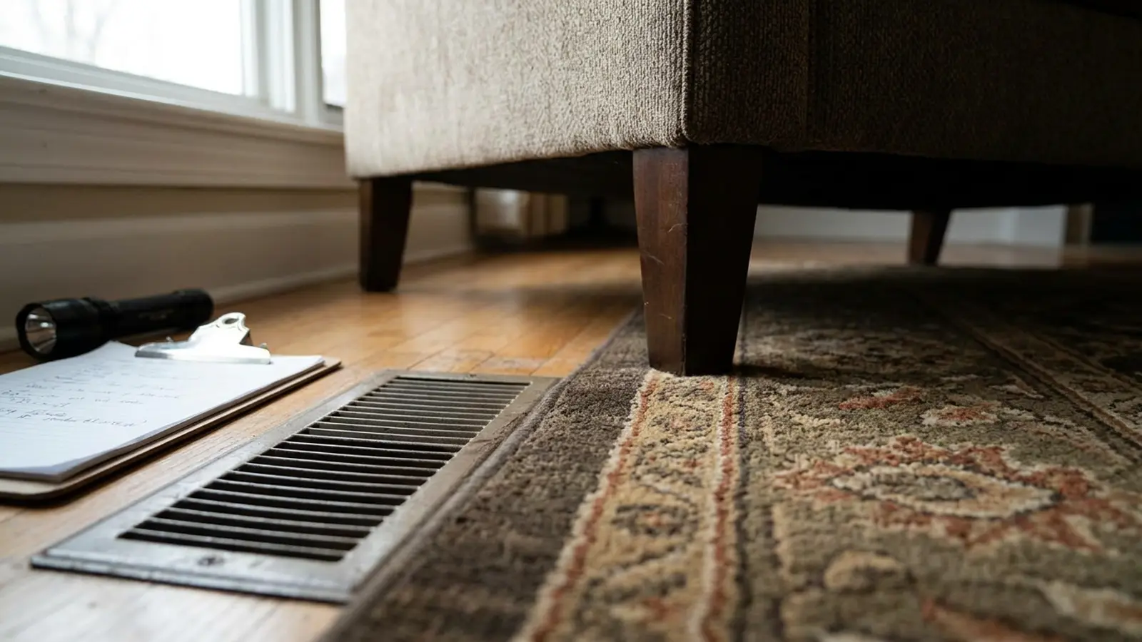 A floor supply register in a room half covered by an area rug and the leg of a sofa