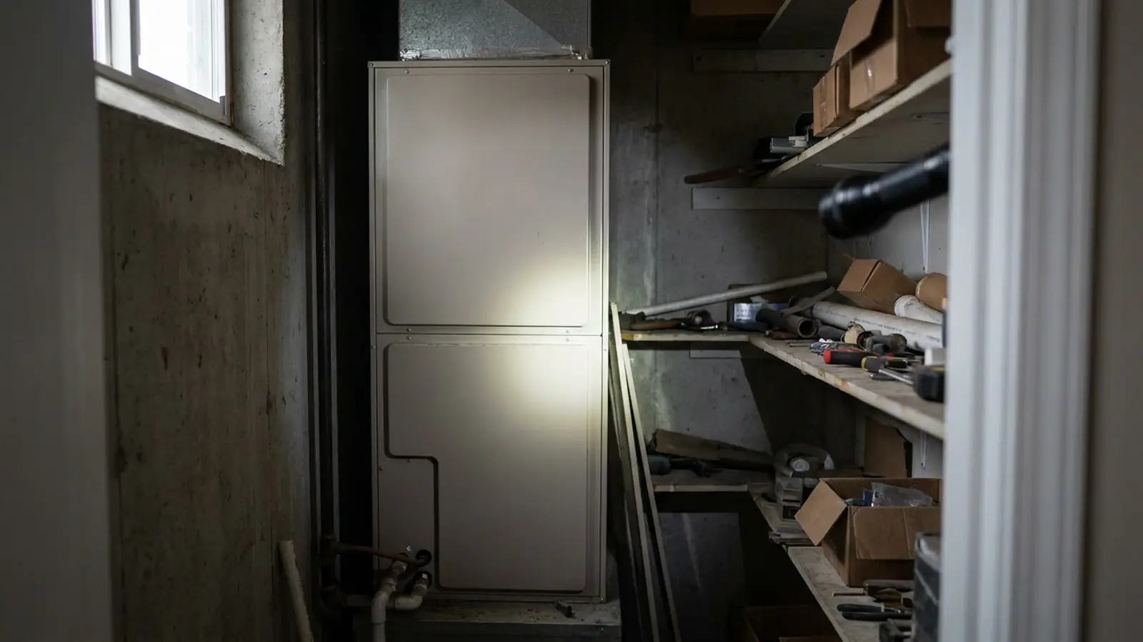 An indoor air handler cabinet standing in a utility closet with its access panels in place and a flashlight beam across it