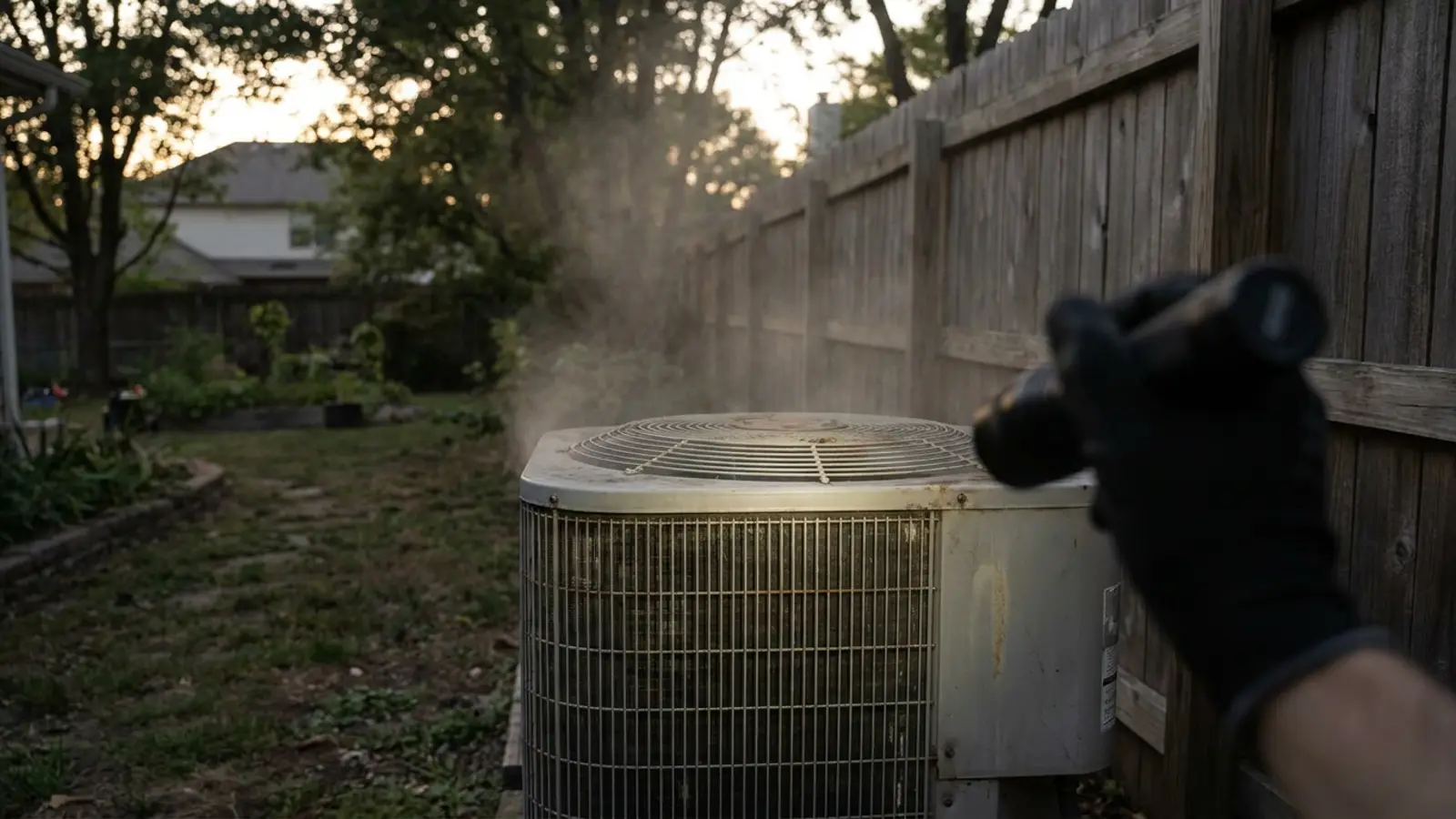 A light haze rising near the top grille of an outdoor condenser unit at dusk in a backyard