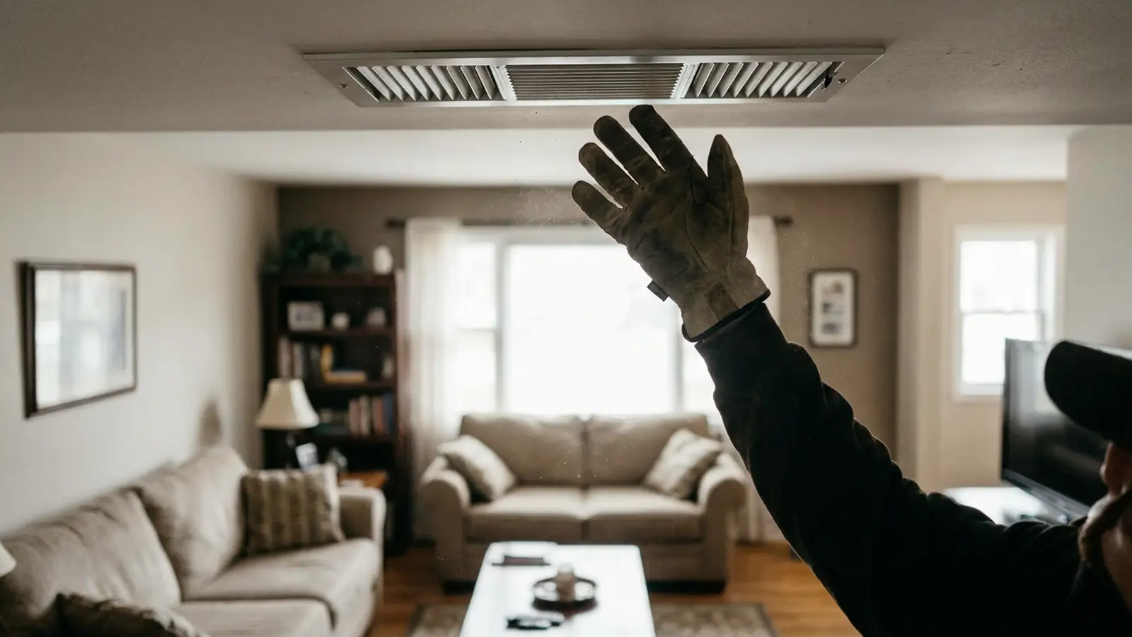 A hand held just below a ceiling supply register in a living room, feeling the air coming out