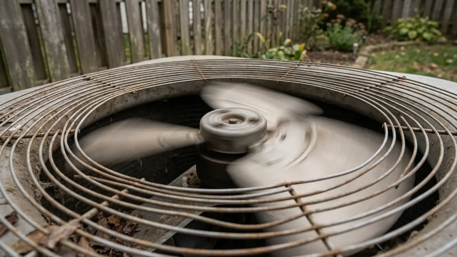 A close-up of an outdoor condenser fan with motion blur suggesting it has just started spinning again