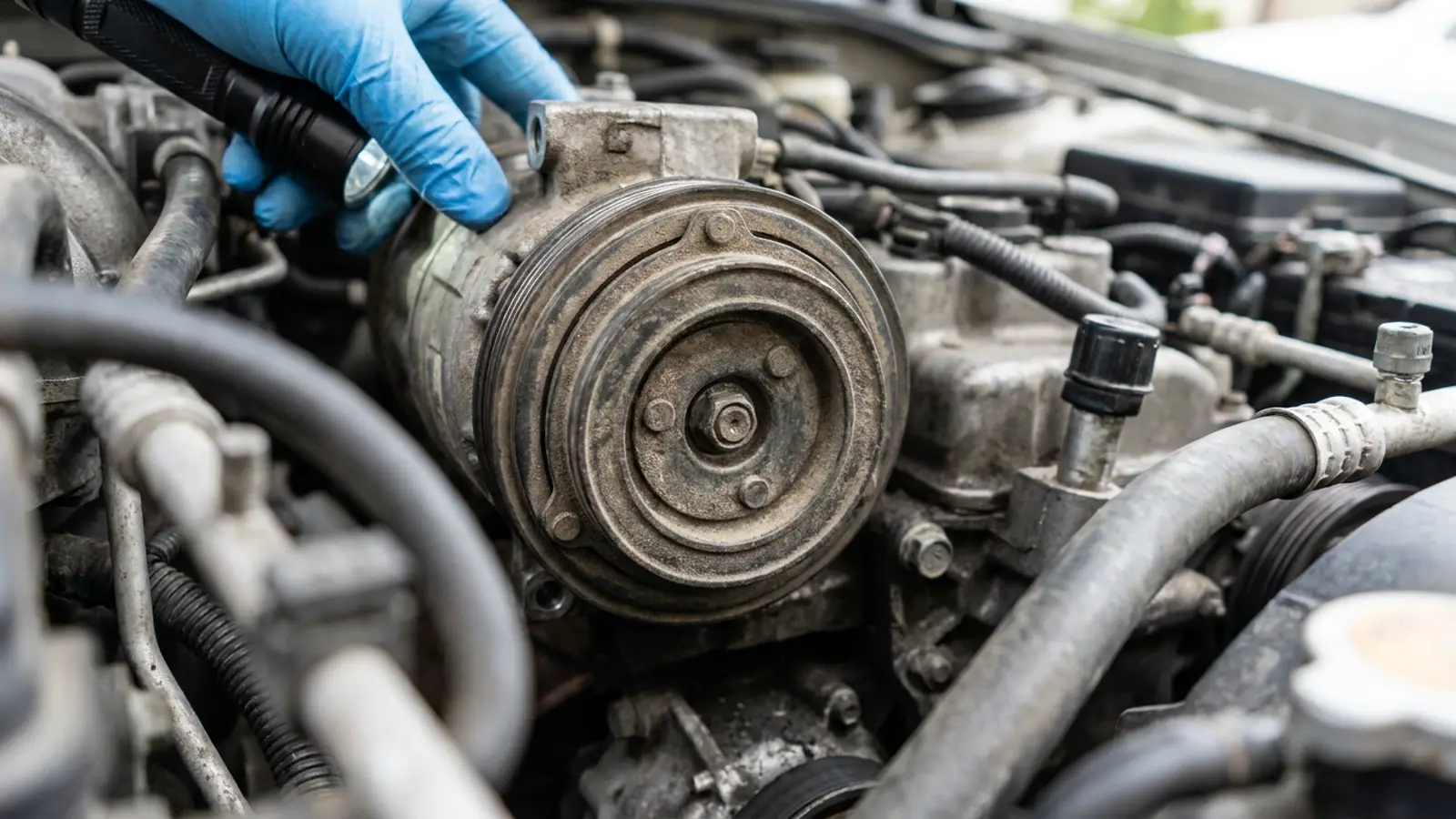 A close-up of an automotive air conditioning compressor clutch pulley in an engine bay