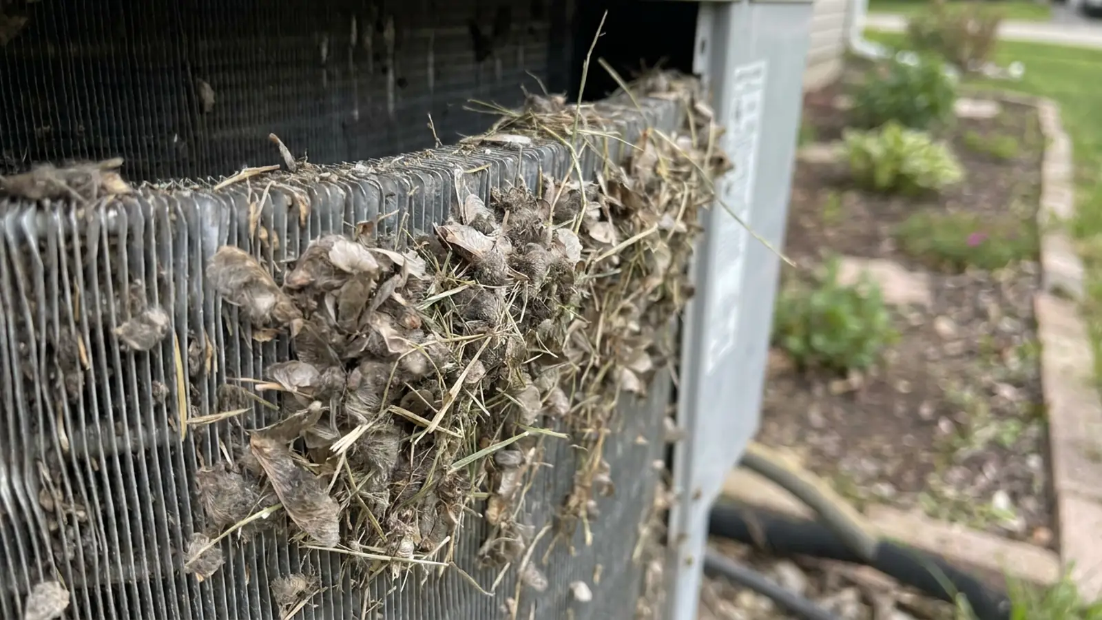 A close-up of outdoor condenser coil fins matted with cottonwood fluff and grass clippings