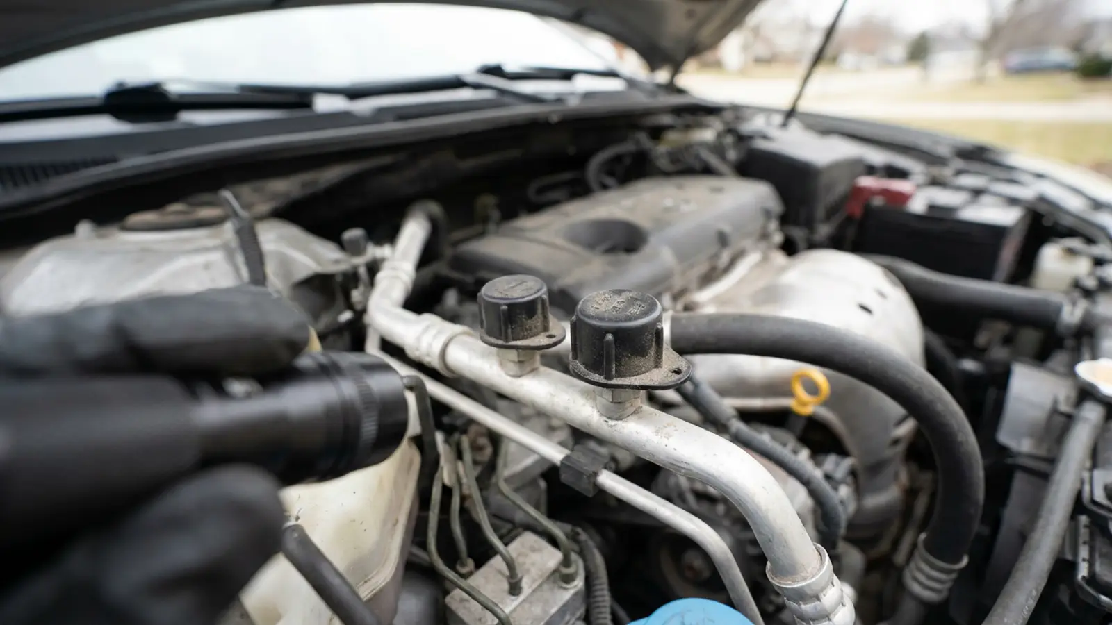An under-hood view of capped automotive air conditioning service ports on the refrigerant lines