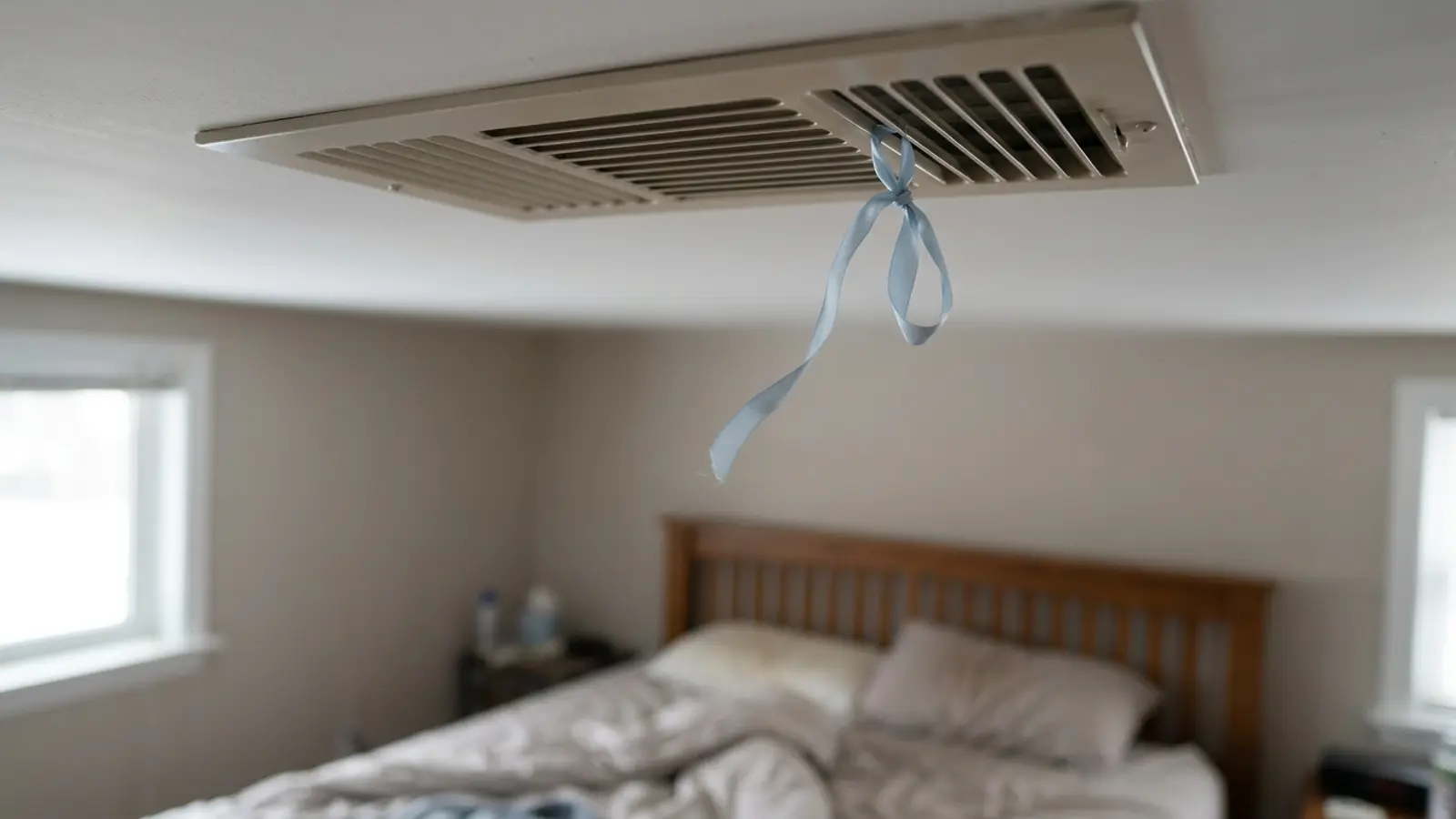 A bedroom ceiling register with a light ribbon tied to the grille barely moving in weak airflow