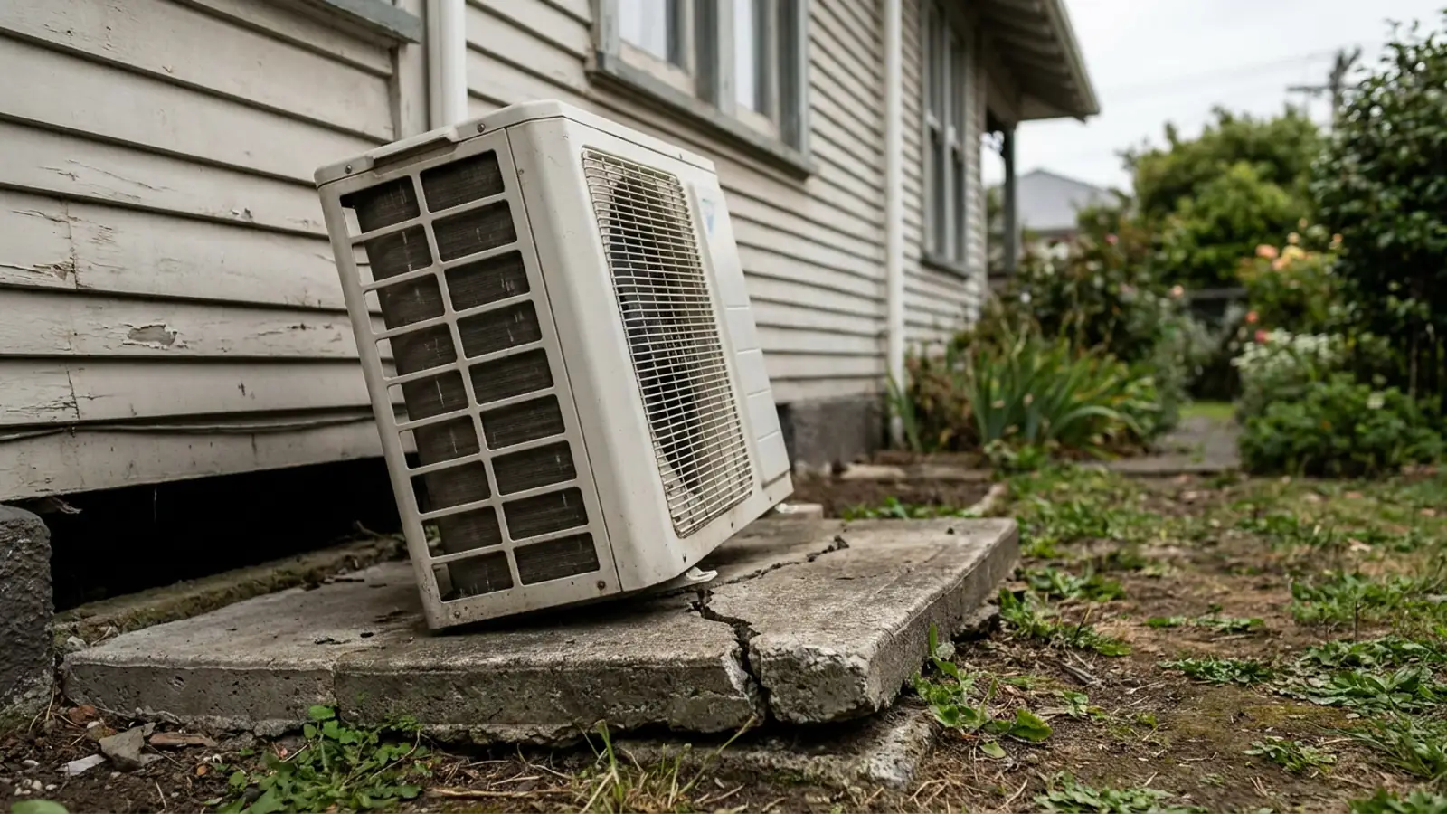 An outdoor condenser unit sitting tilted on a cracked, settled concrete pad beside a house
