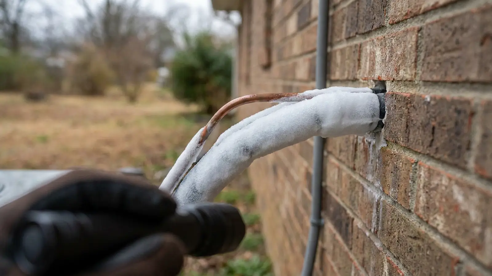 Thick ice encasing a refrigerant line set where it passes through an exterior house wall