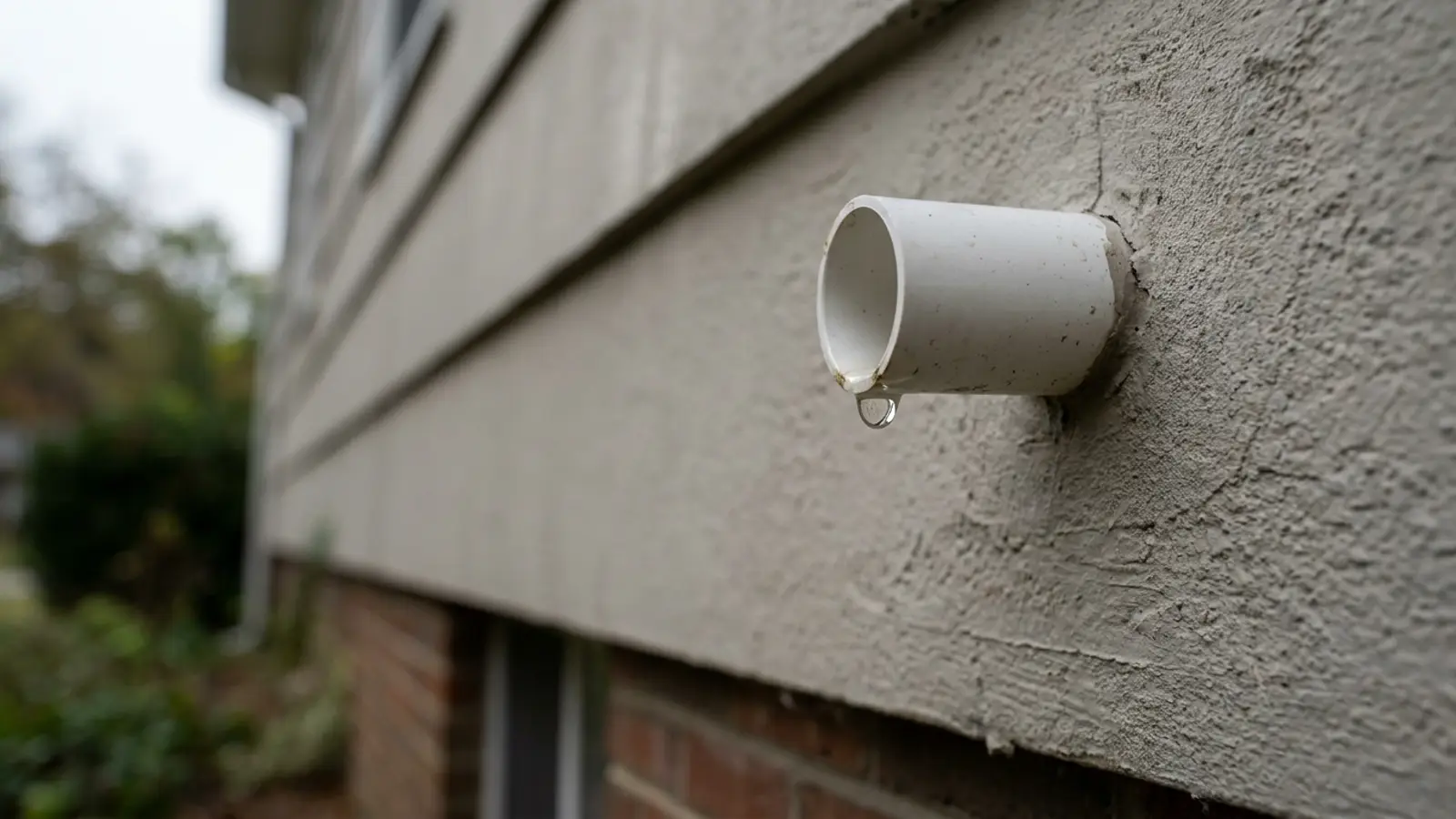 A single water drop forming at the open end of a white condensate drain line on the exterior wall of a house