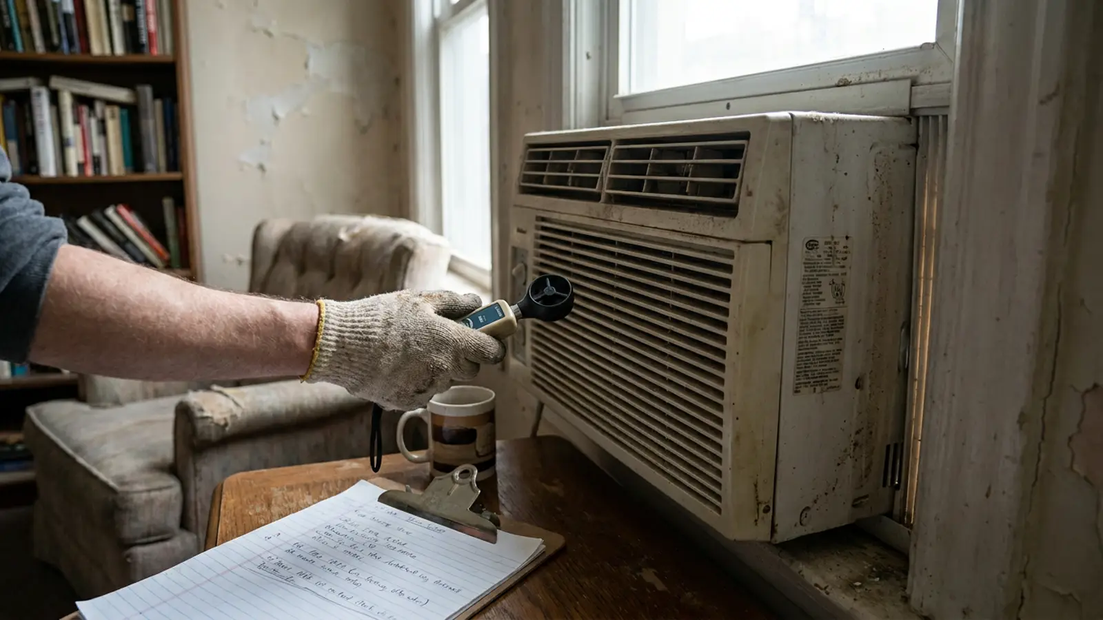 A hand testing the air at the front panel of a window air conditioner in a small apartment room