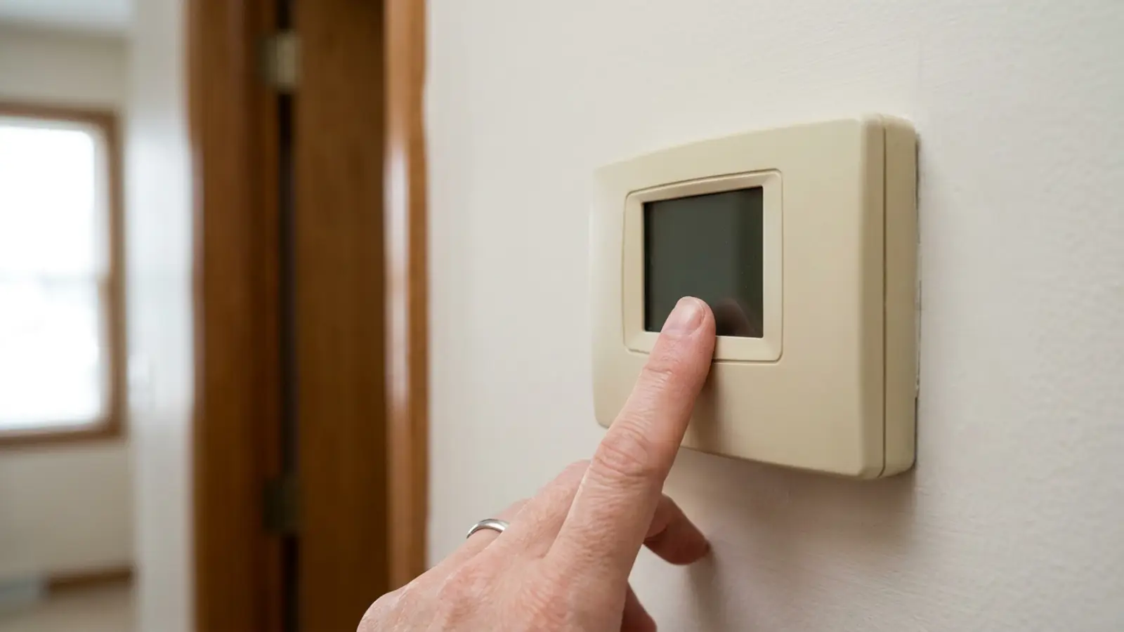 A close-up of a blank, unresponsive wall thermostat in a home hallway, homeowner fingertip approaching the faceplate
