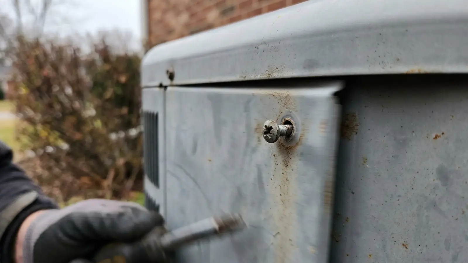 A close-up of a vibrating sheet metal side panel on an outdoor condenser cabinet with a loose screw