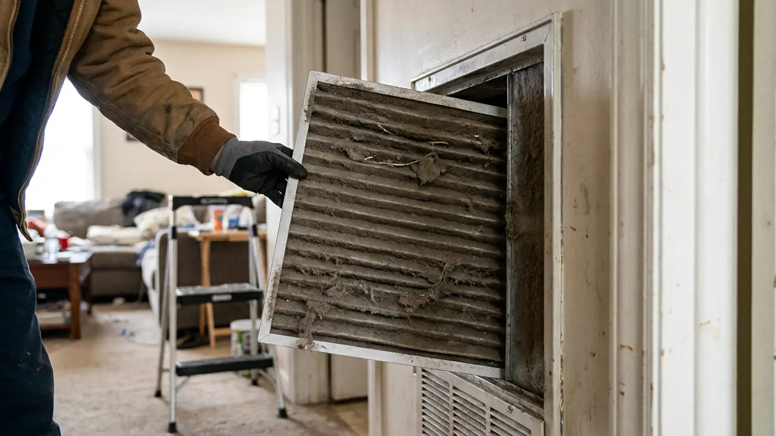 A heavily dust-loaded pleated air filter being pulled out of a wall return grille