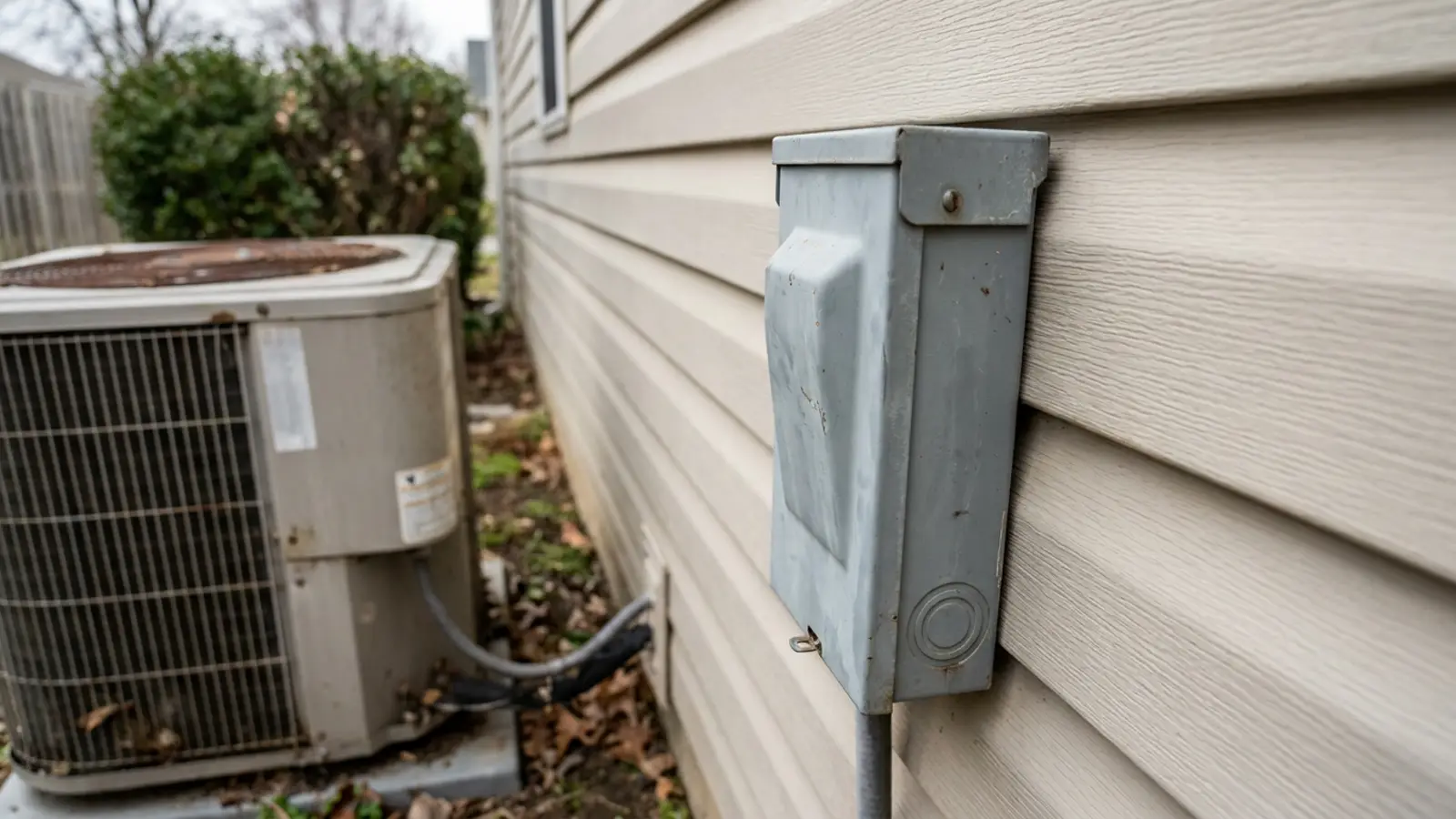 A grey exterior electrical disconnect box mounted on house siding next to an outdoor condenser unit, cover closed