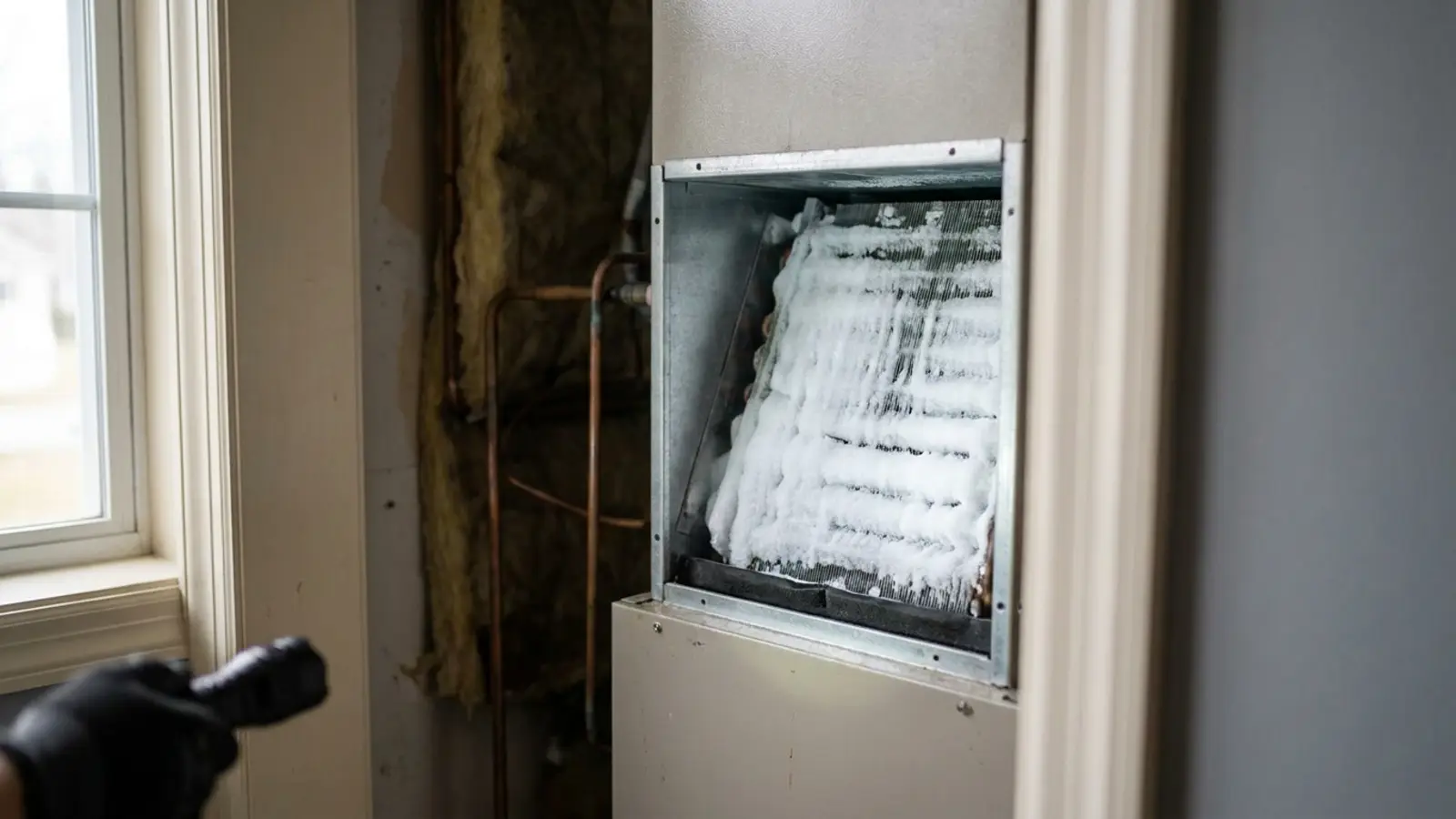 Ice built up on an indoor evaporator coil seen through an opened air handler access panel