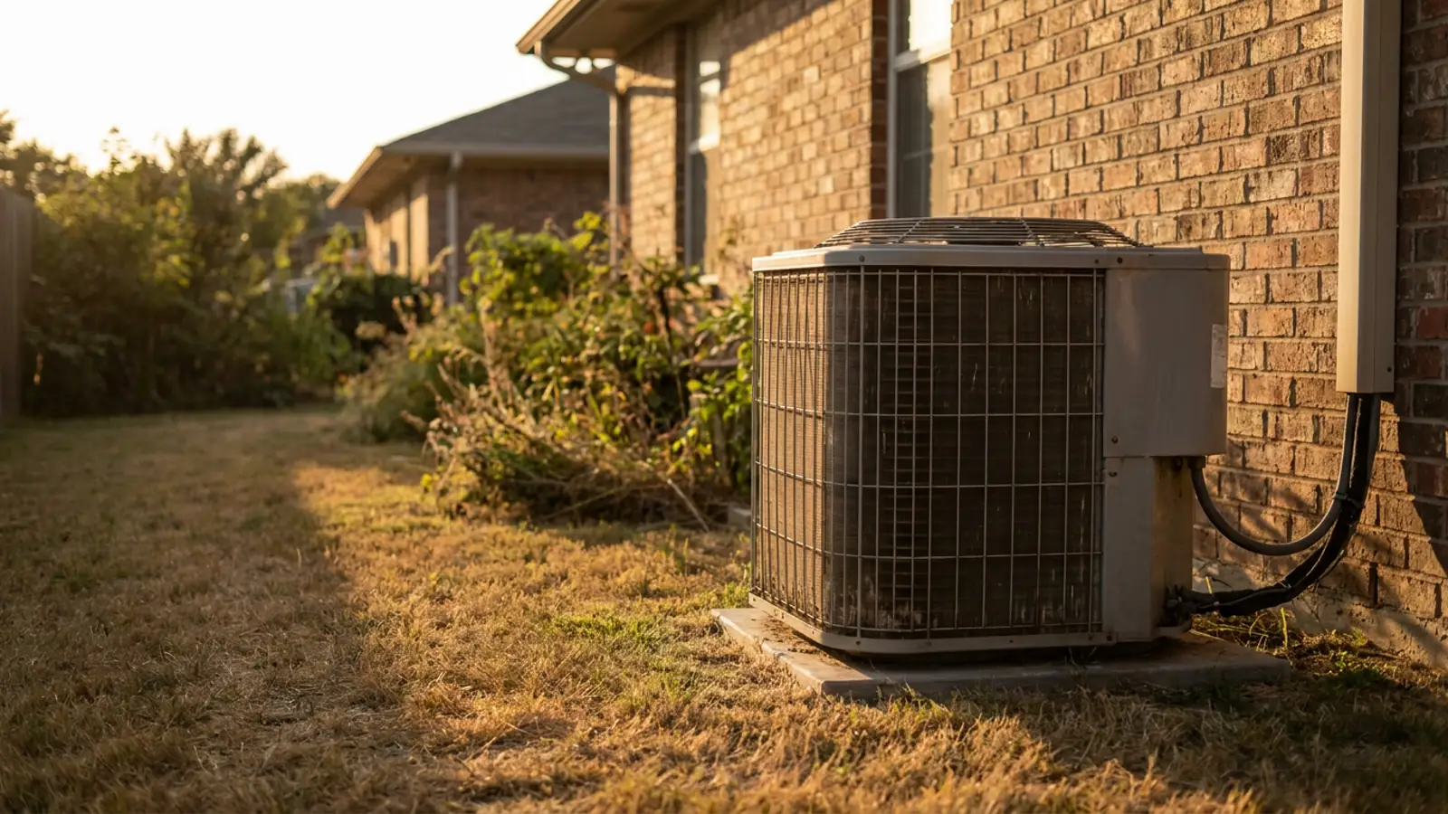 An outdoor condenser unit running through a long summer evening beside a house, low golden light and long shadows