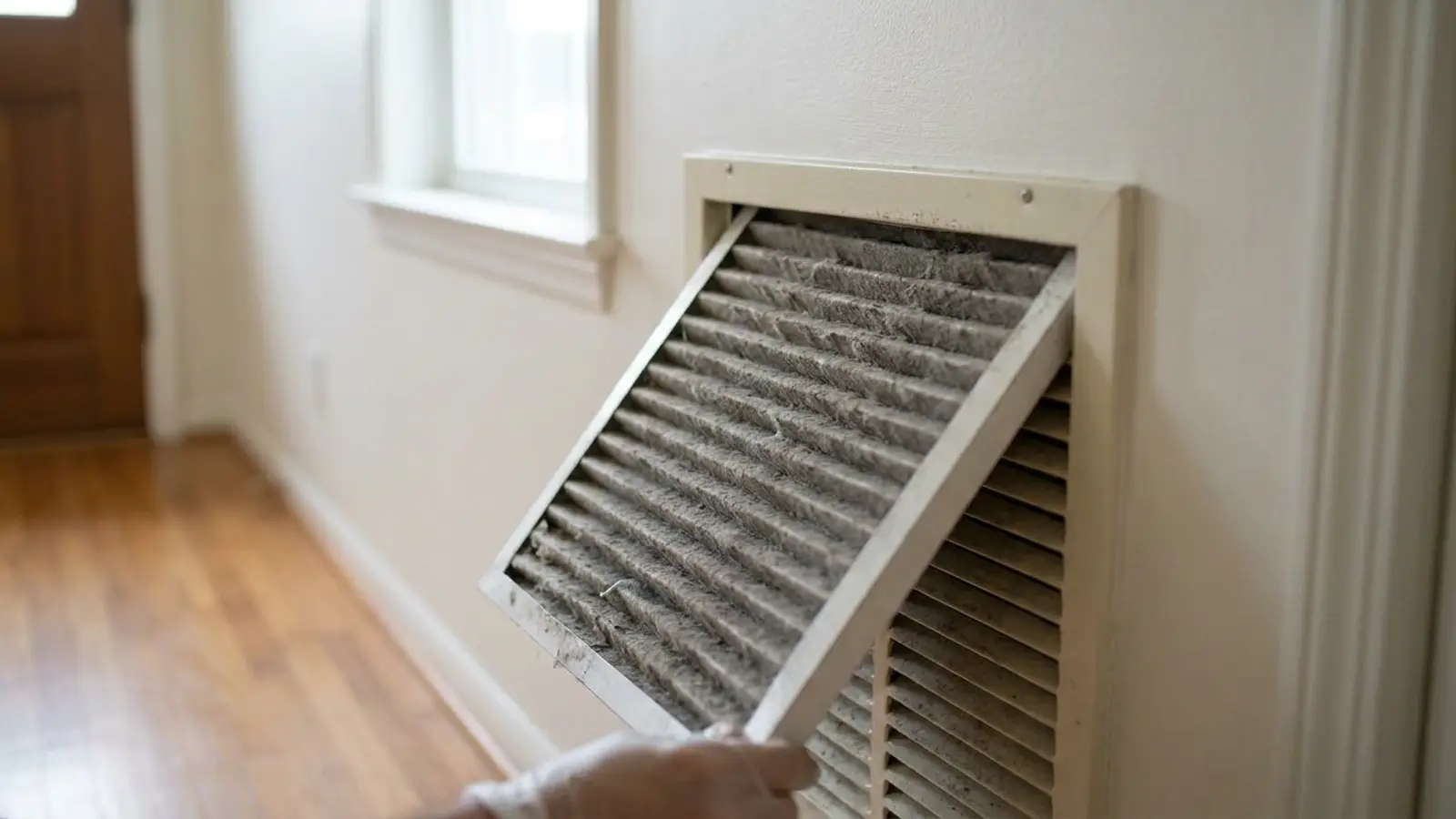A wall-mounted return air grille with a dirty pleated filter partly pulled out of the slot