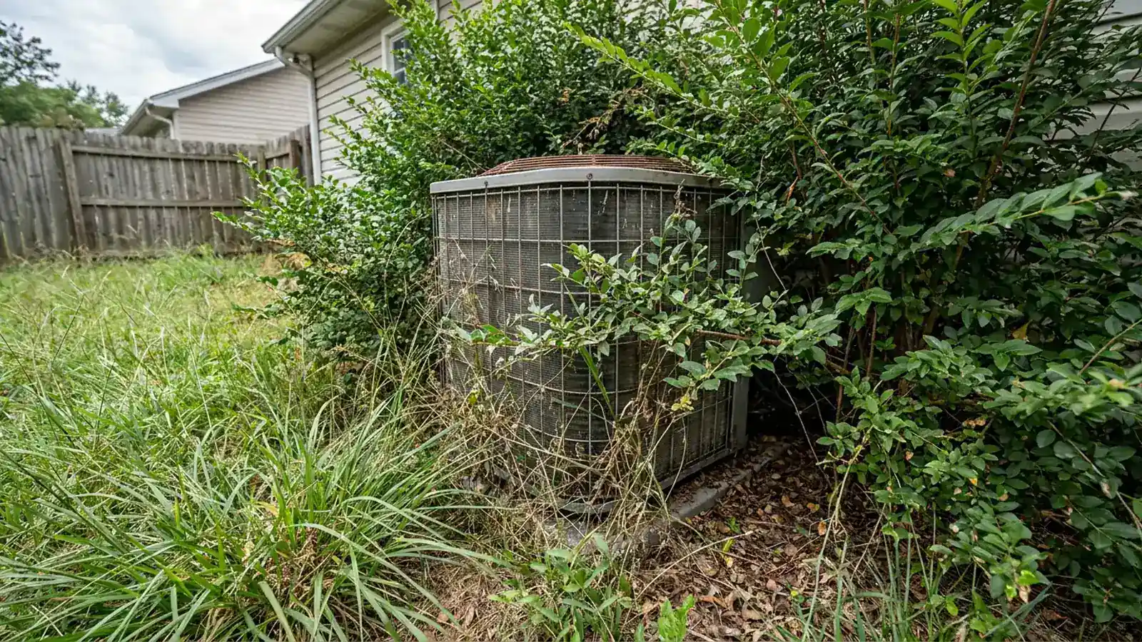 An outdoor condenser unit crowded closely by overgrown shrubs and tall grass blocking airflow