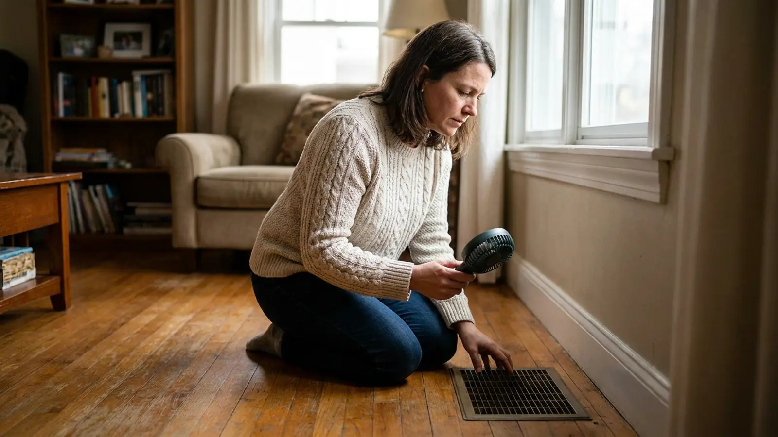 A homeowner in a warm living room holding a small handheld fan near a floor supply register