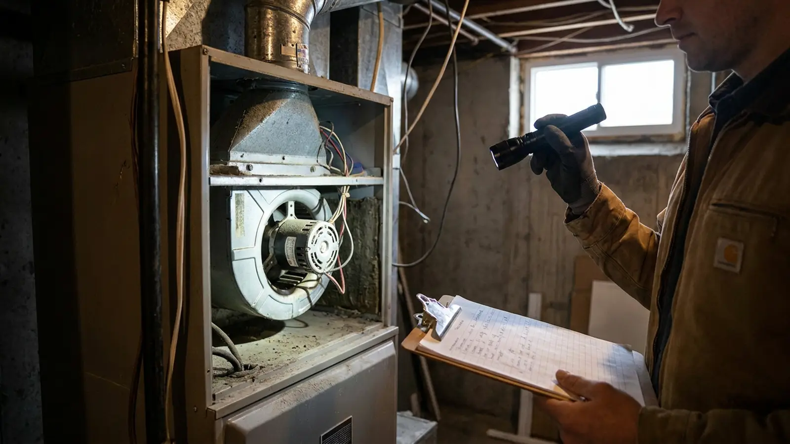 An indoor air handler with the blower access panel opened and inspected by flashlight in a basement