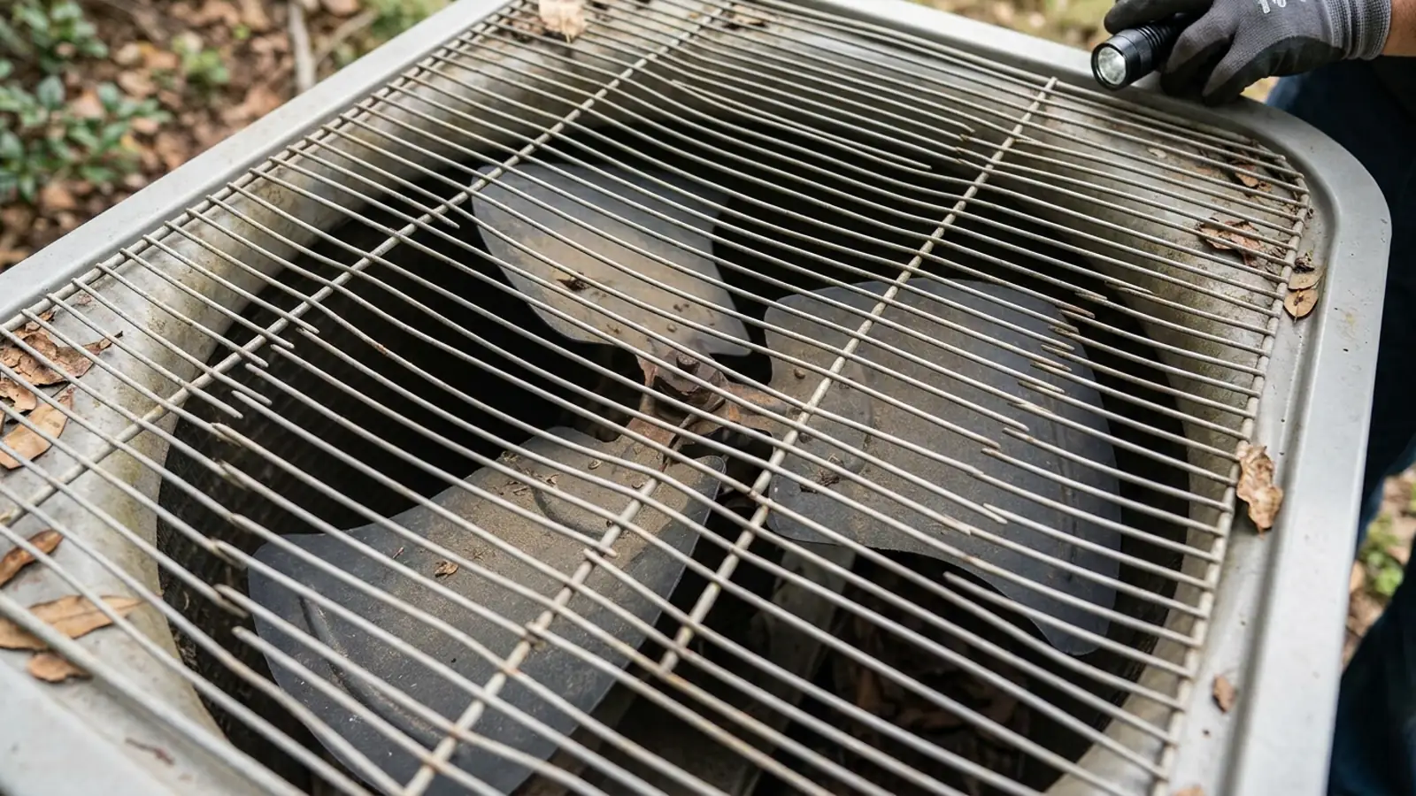 A close-up looking down through the top grille of an outdoor condenser at motionless fan blades