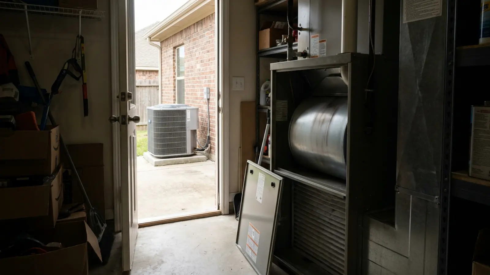 A view from inside a garage of a running indoor blower cabinet with a motionless outdoor condenser visible through the doorway
