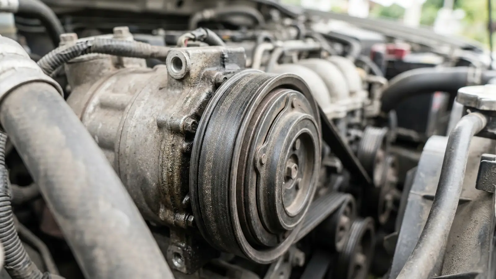 A close-up of the serpentine belt running around an air conditioning compressor pulley in a car engine bay