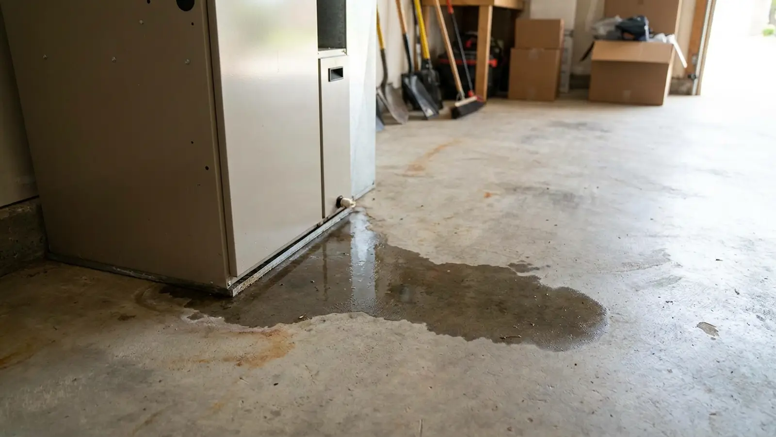 Water seeping out from beneath the base of an indoor air handler cabinet onto a garage floor