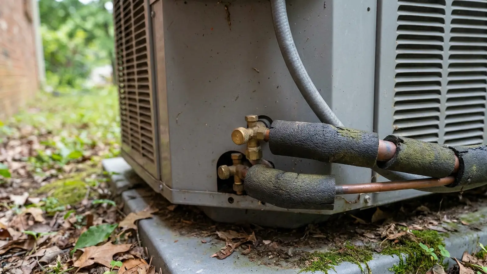 A close-up of insulated copper refrigerant lines entering an outdoor condenser unit near the service valves