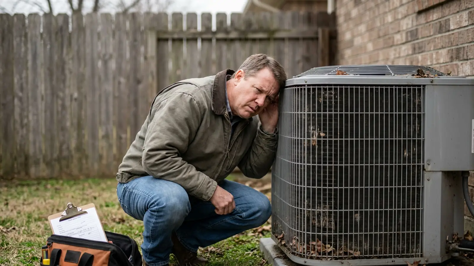 A homeowner crouched beside an outdoor condenser unit leaning in to listen closely
