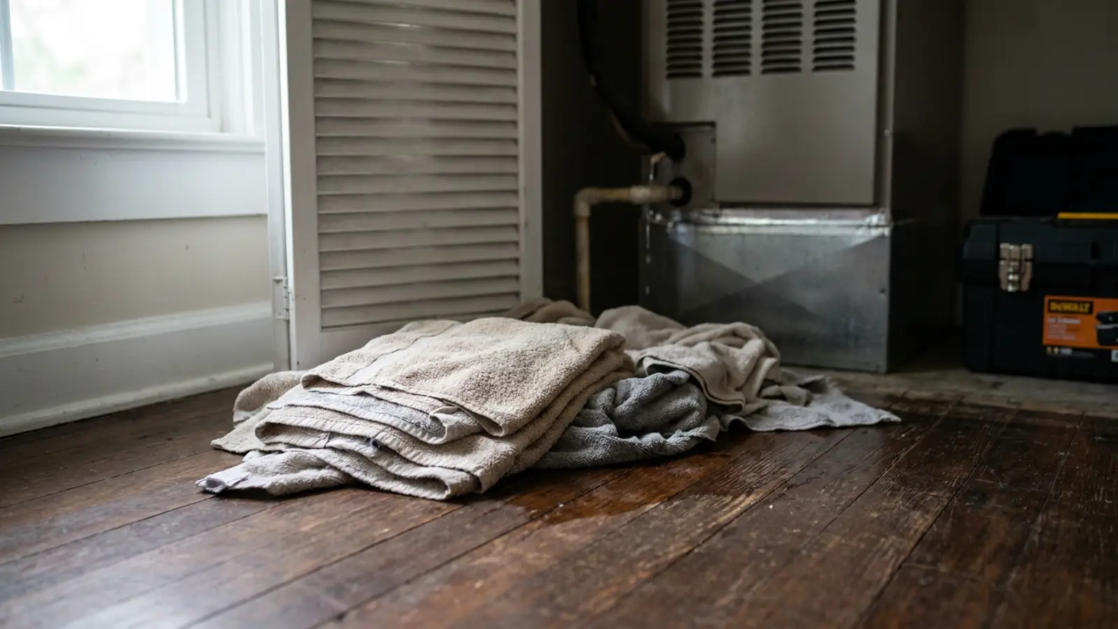 Folded towels laid on hardwood flooring catching drips beside a closet air handler door