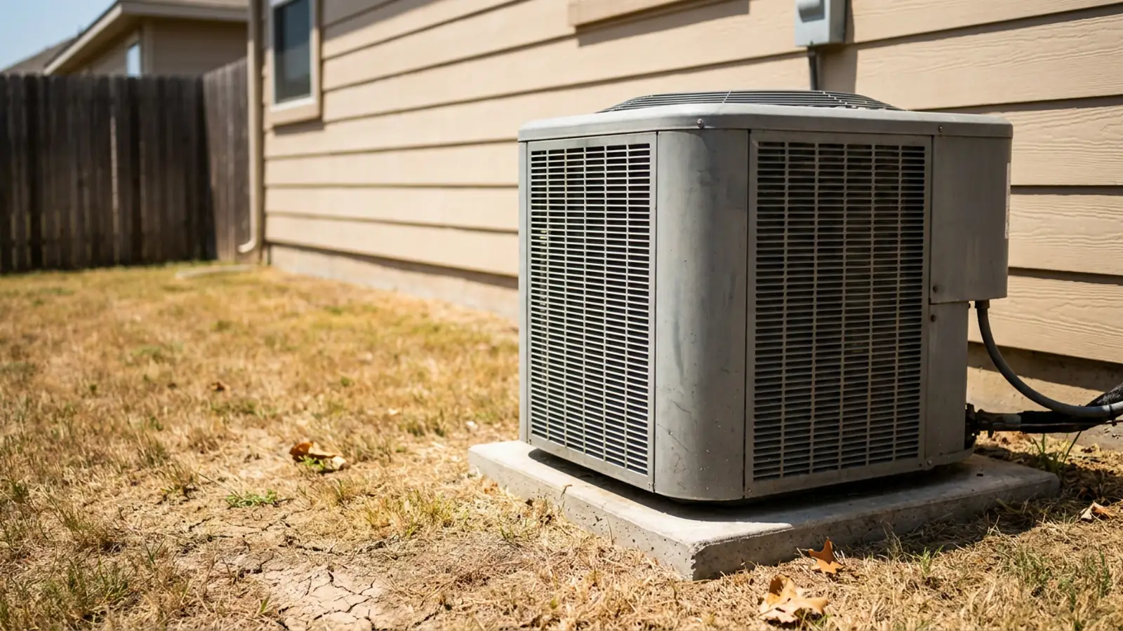 A residential outdoor air conditioning condenser unit standing completely still beside a suburban house on a hot afternoon, dry lawn, harsh summer light