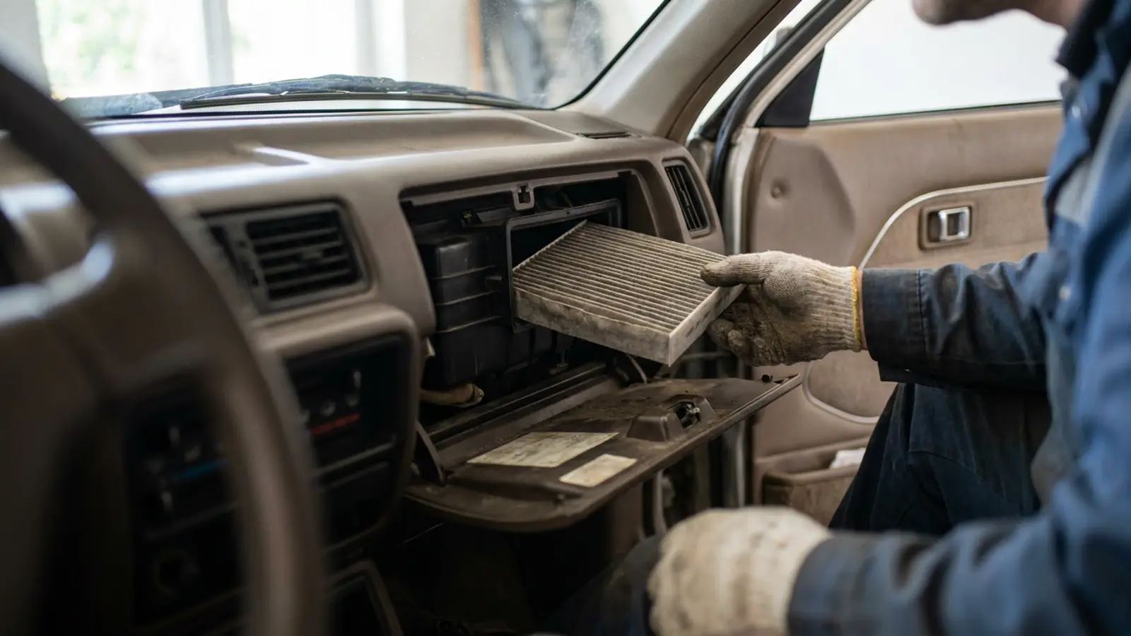 A cabin air filter being withdrawn from its housing behind an open car glovebox