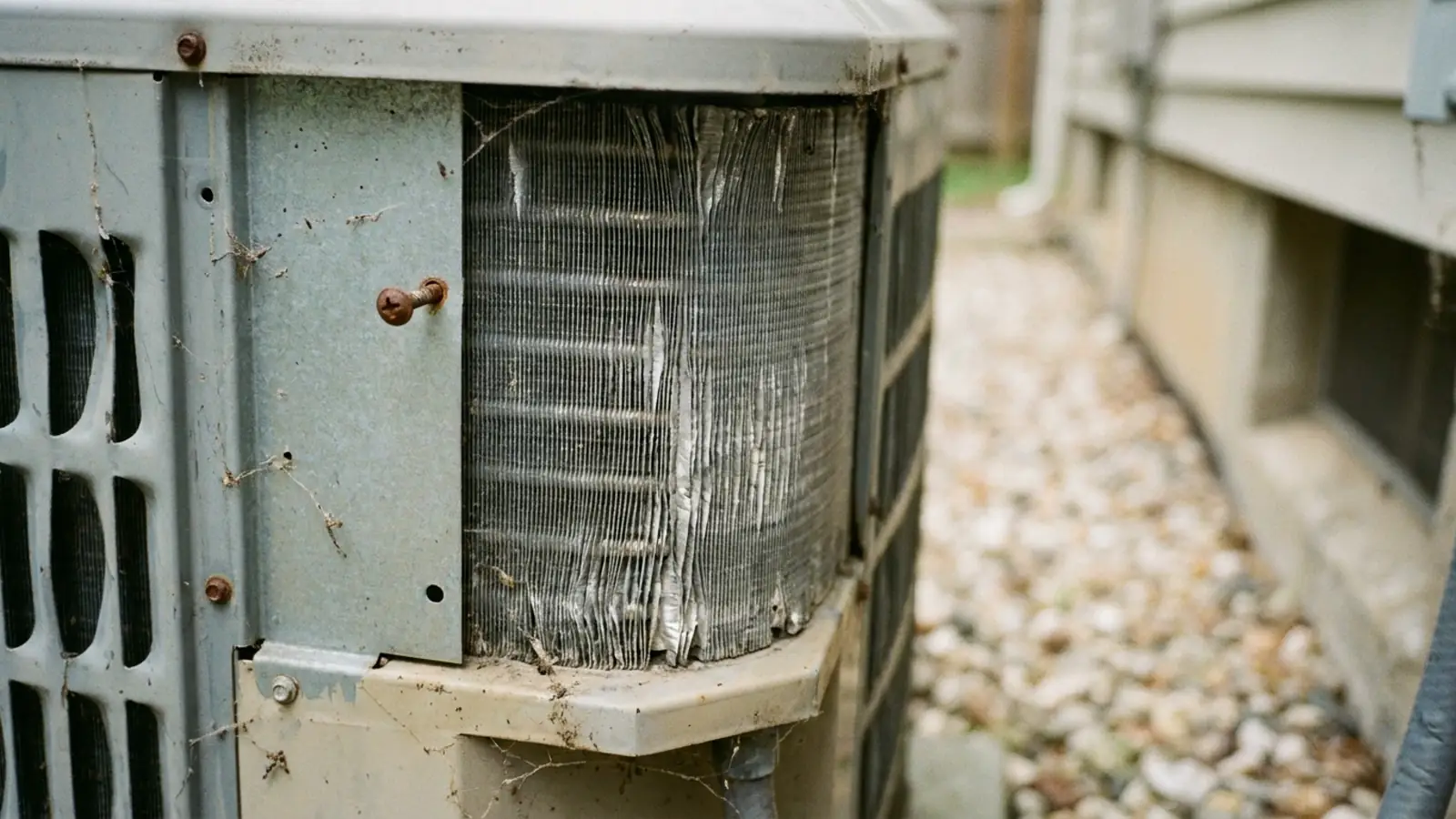 A close-up of a bent fin section and a loose service panel screw on an outdoor condenser cabinet