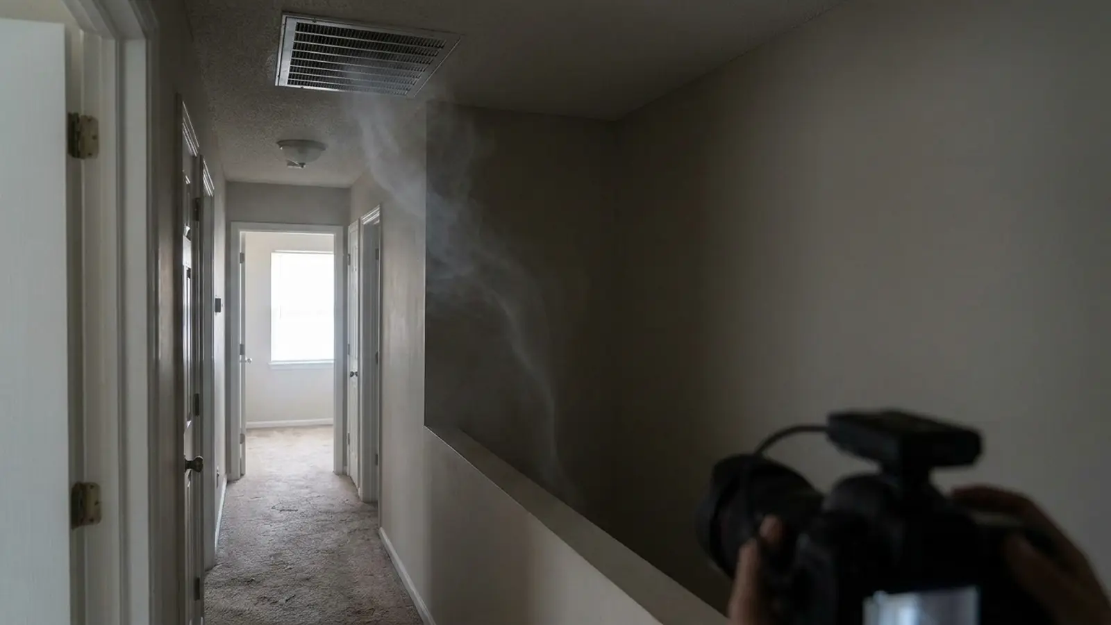 A faint wisp of light haze drifting from a ceiling supply vent in a dim residential hallway