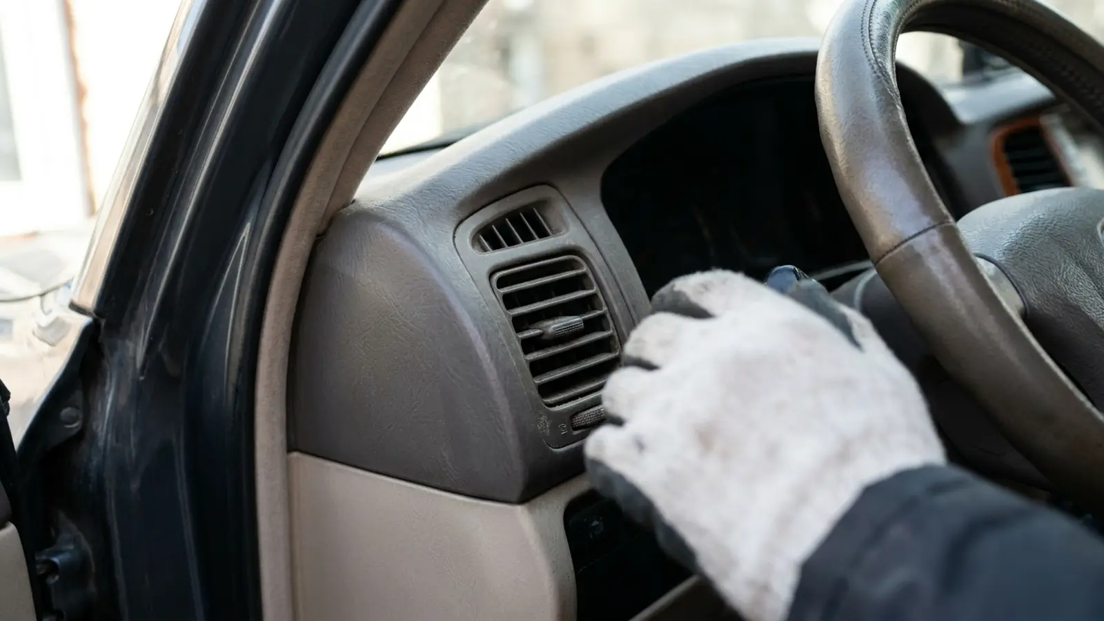 A close-up of the center dashboard air vents in a car interior with a hand held in front of them