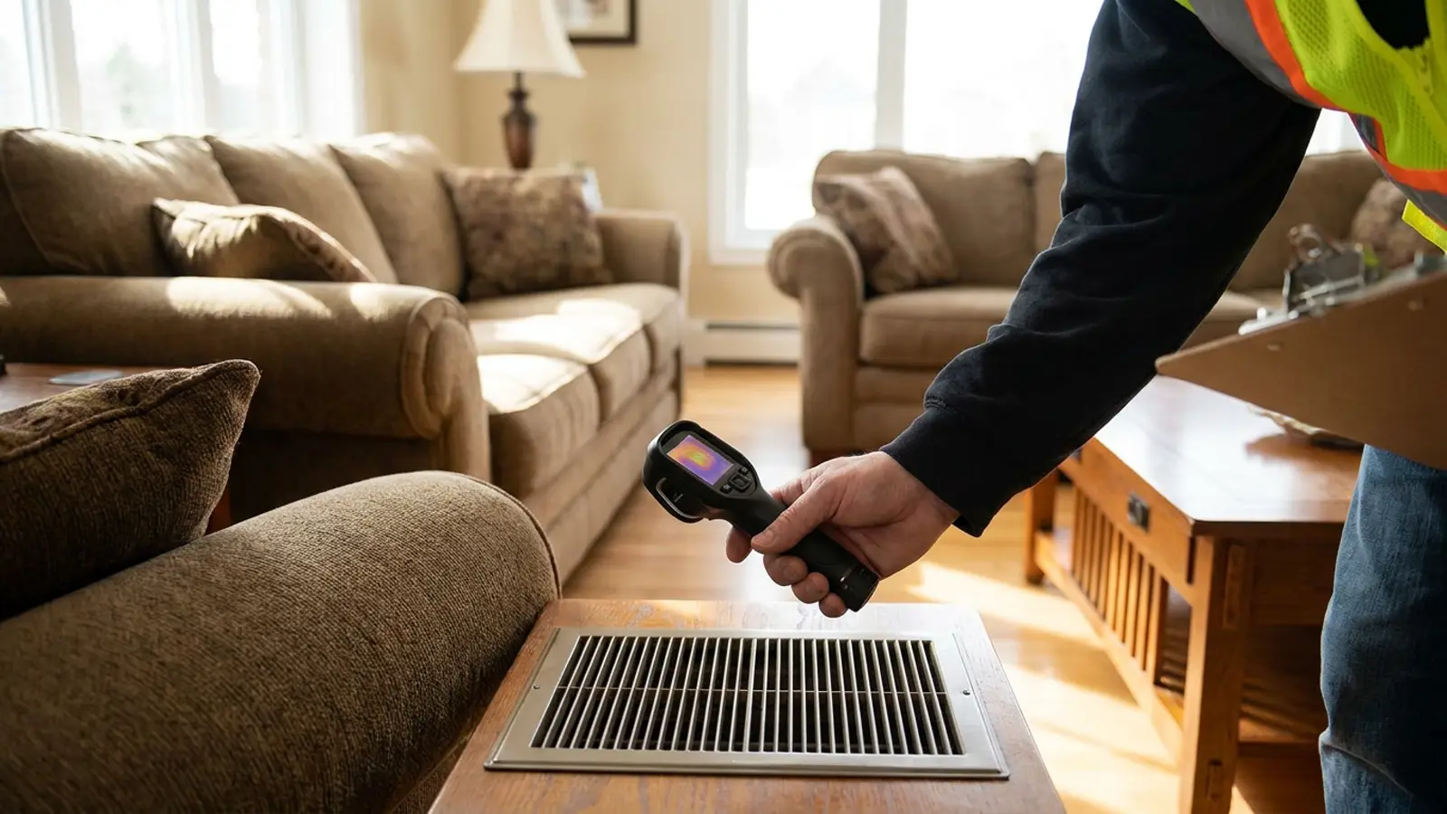 A hand held in front of a floor supply register in a bright living room checking the air temperature